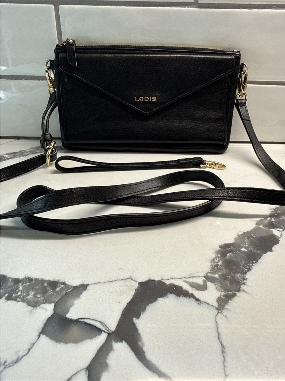 LODIS Leather Convertible Crossbody Bag Wrislet Wallet Organizer BLACK 9x4.5”